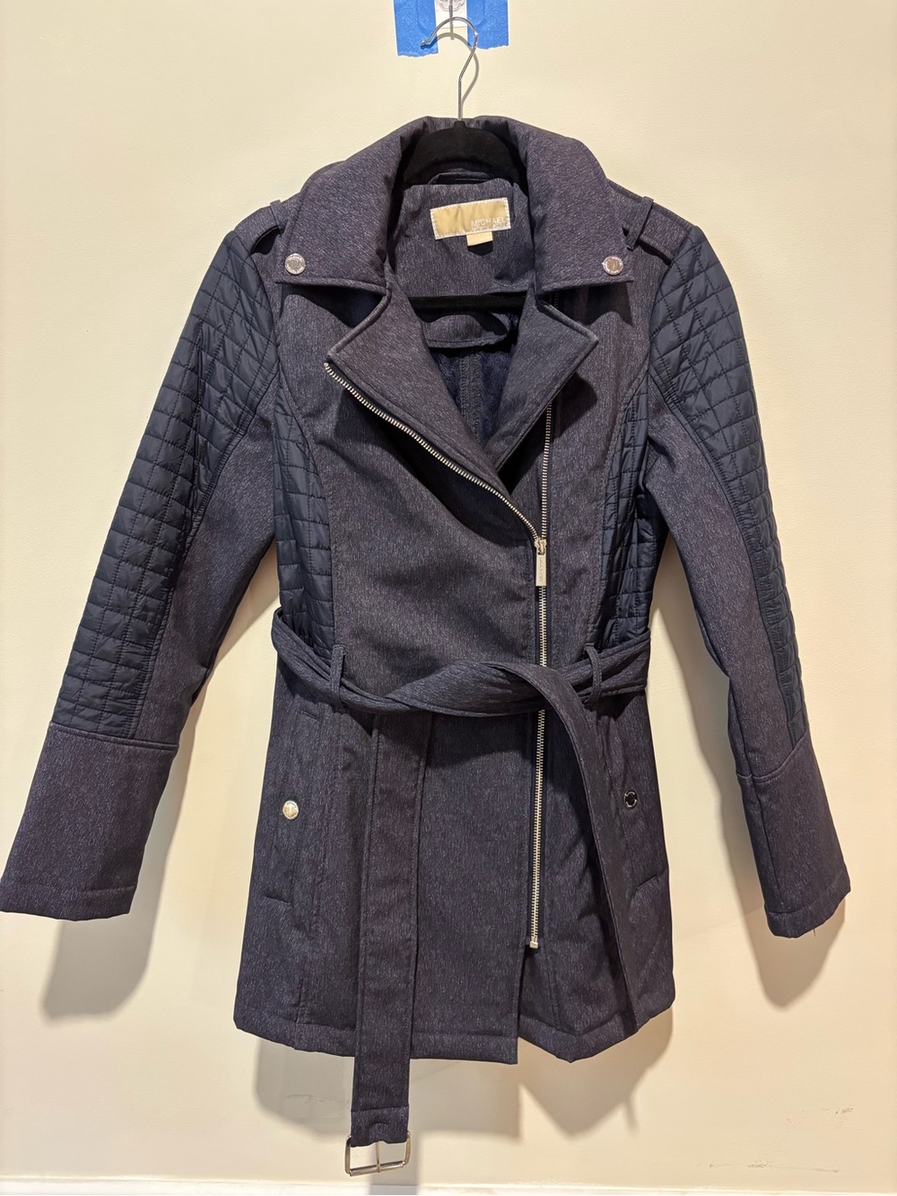 MICHAEL Michael Kors Quilted-Sleeve Belted Trench Coat - Navy